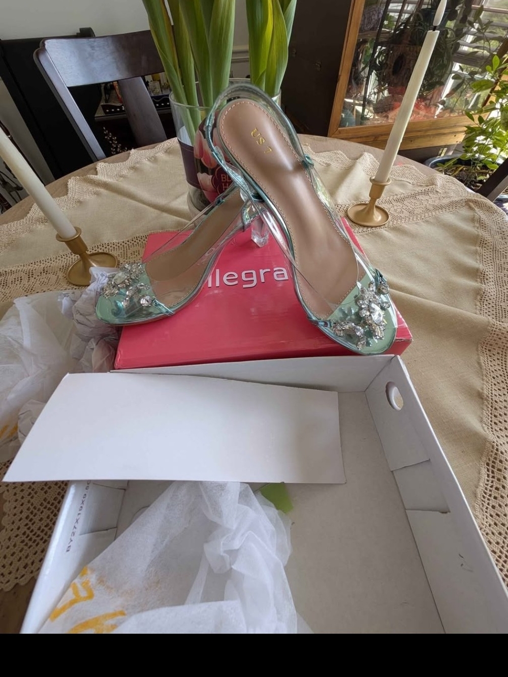 Allegra K Women's Clear Slingback Flower Rhinestone Peep Toe Heels Size 7